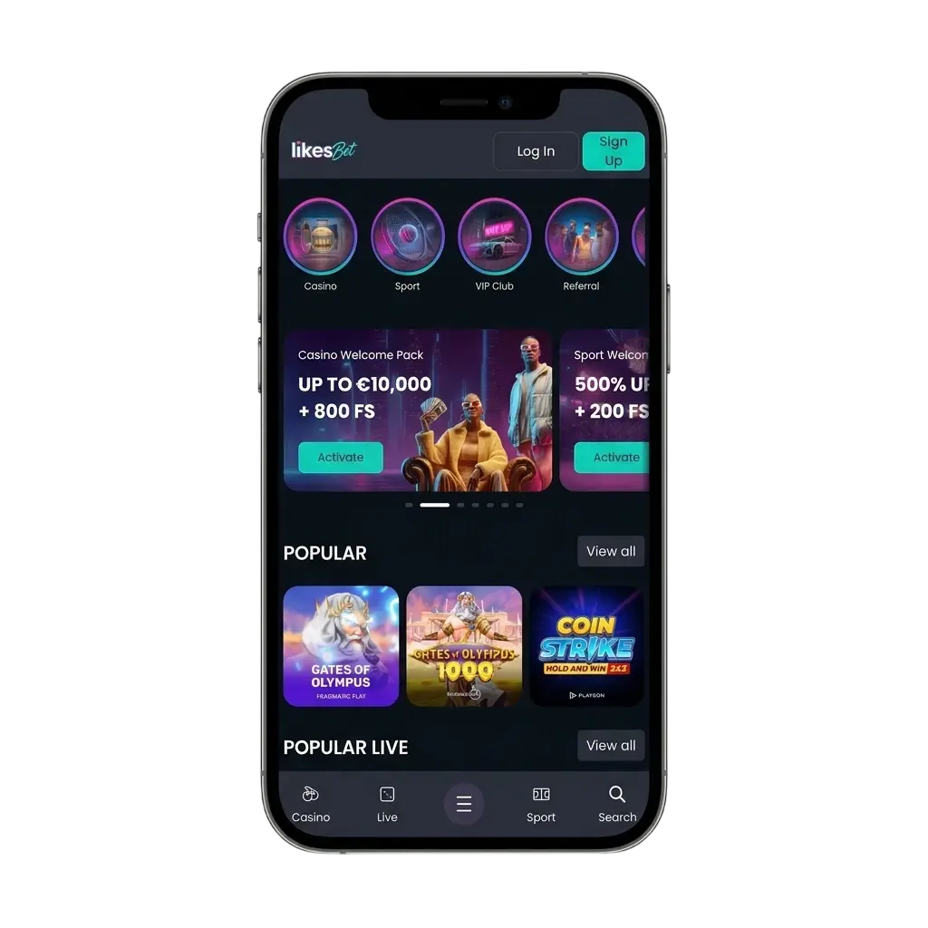 LikesBet app op Android en iOS smartphone