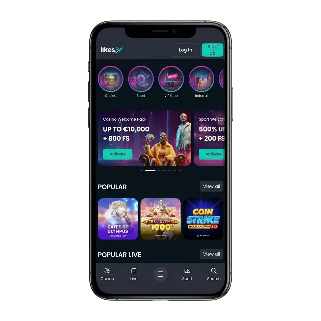 LikesBet app op smartphone met casino en sportbonus